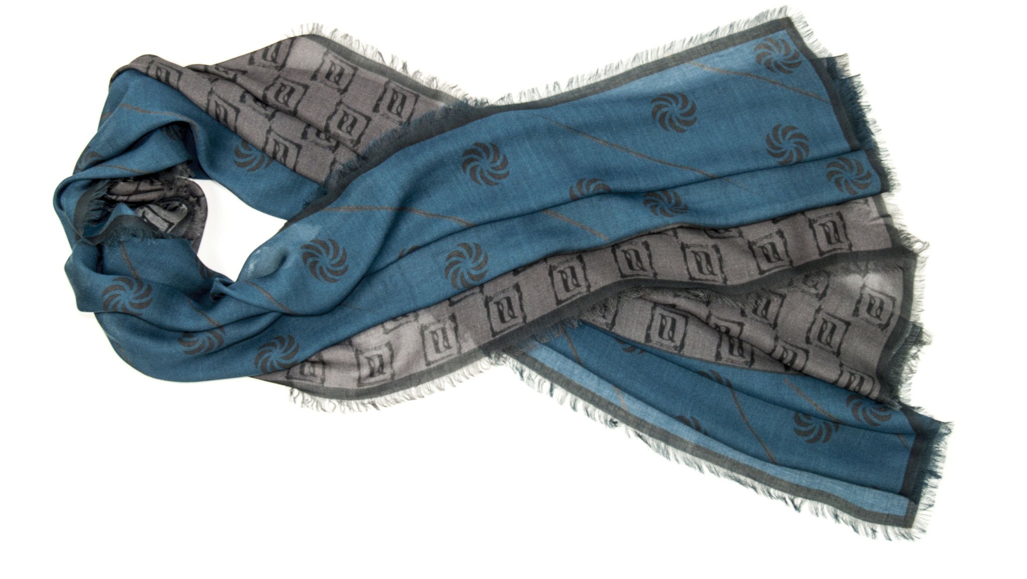 Eternity Blue Unisex Scarf featuring shark gray and blue tones with fringed edges, elegantly displayed in a gift box.