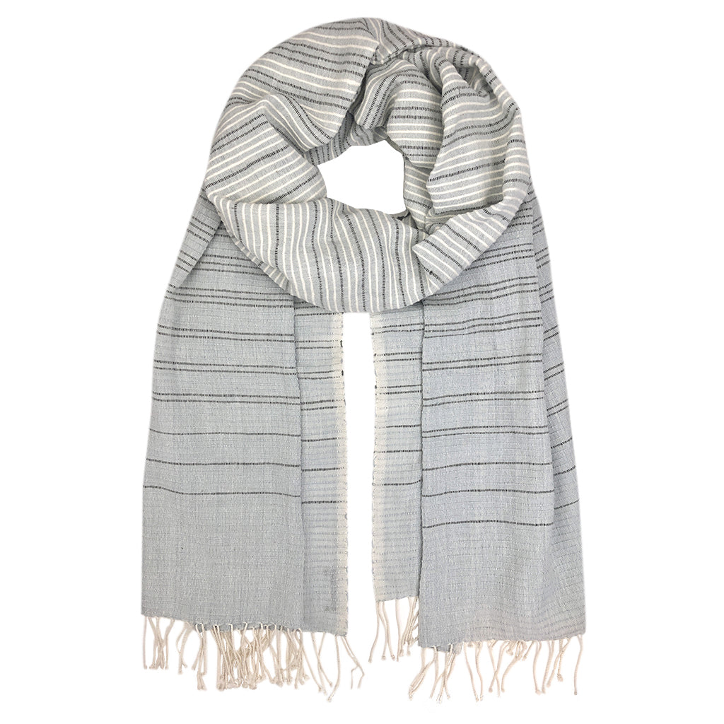 Ethiopia Handloom Wrap Scarf showcasing vibrant colors and hand-knotted fringe, made from pure cotton.