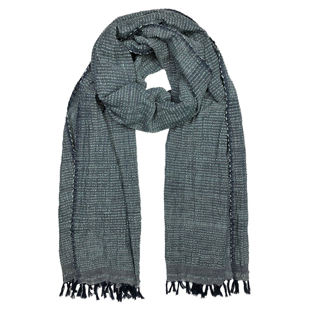 Ethiopian Stripe Wrap Scarf showcasing classic stripes and hand knotted fringe, made from pure cotton.