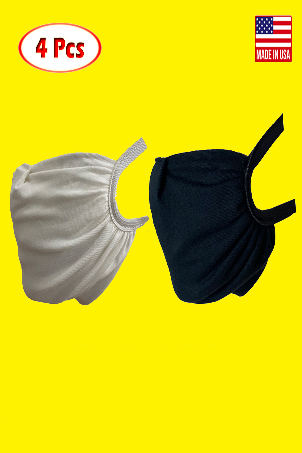 Pack of 4 reusable fabric face masks with elastic headloops and filter pockets, designed for comfort and safety.