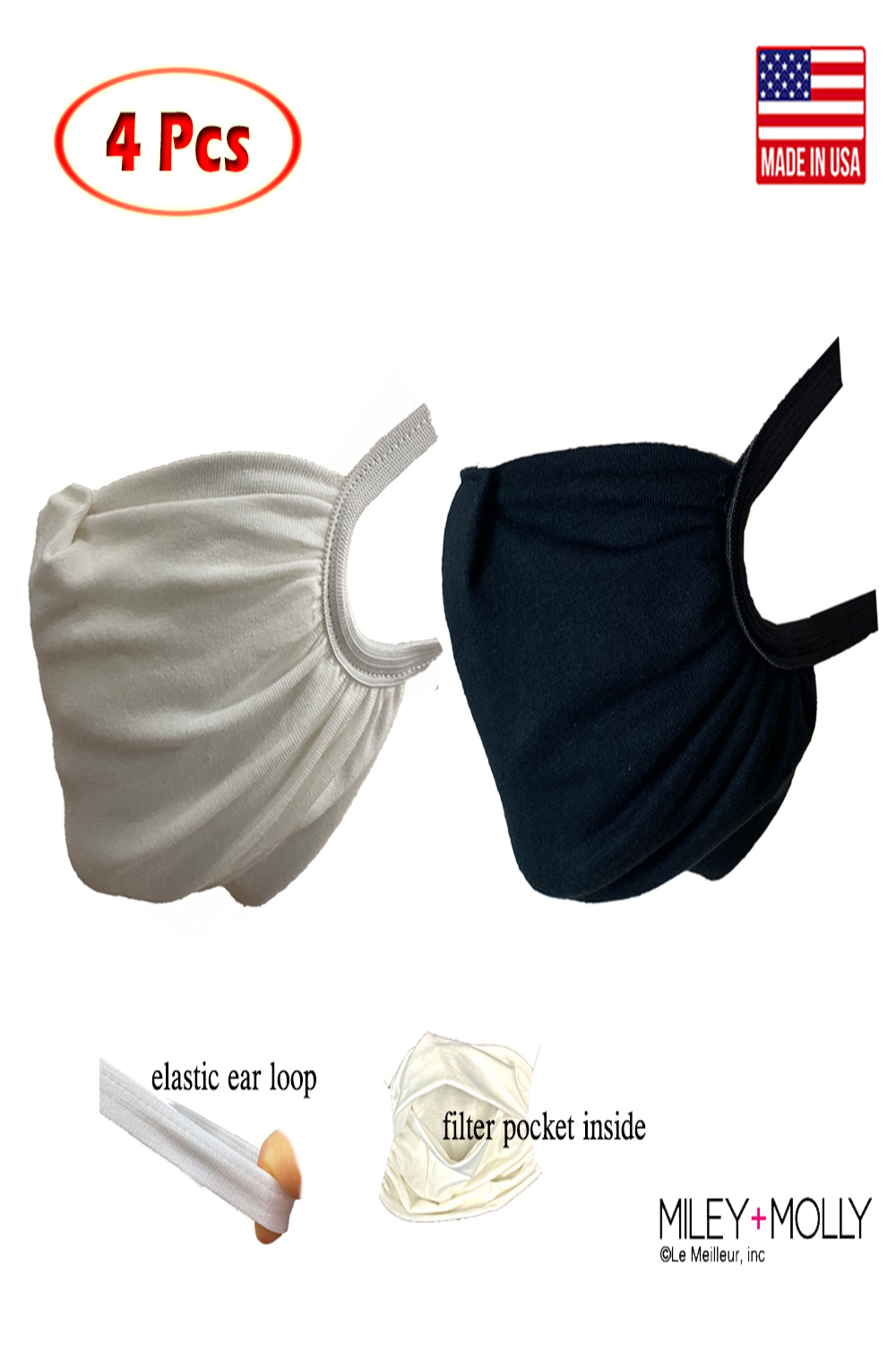 Pack of 4 reusable fabric face masks with elastic headloops and filter pockets, designed for comfort and safety.