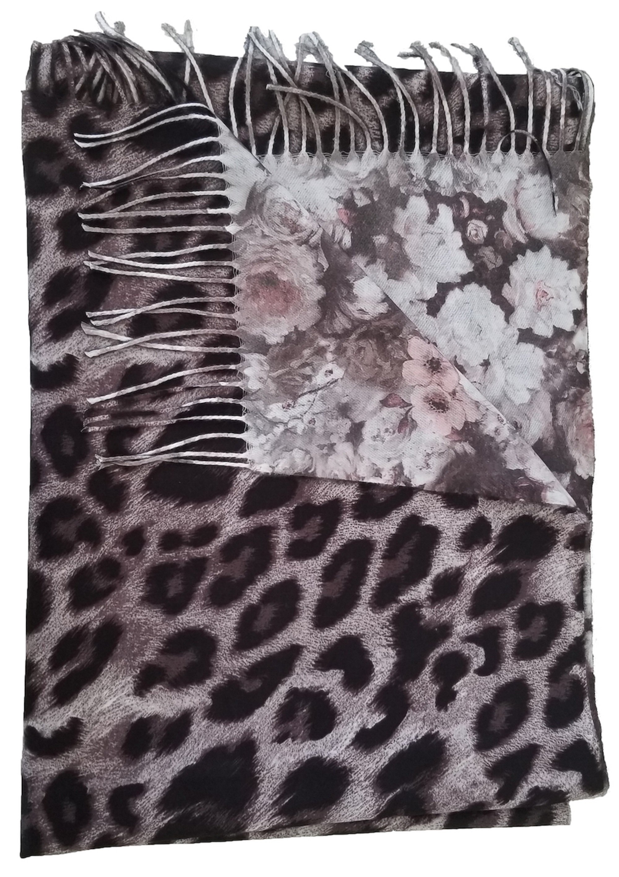 Floral and leopard print reversible scarf by NICCI, showcasing vibrant patterns and soft texture.