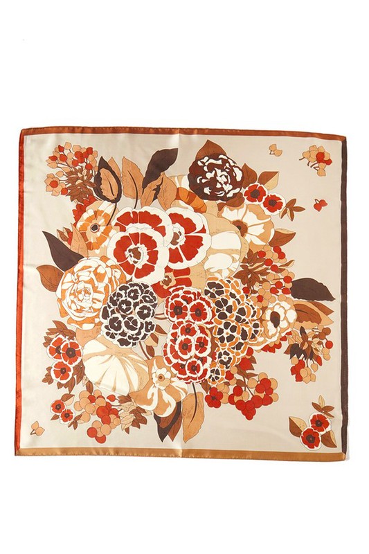 A vibrant flower printed silky square scarf, measuring 27.5 inches, showcasing a colorful floral design on soft polyester fabric.