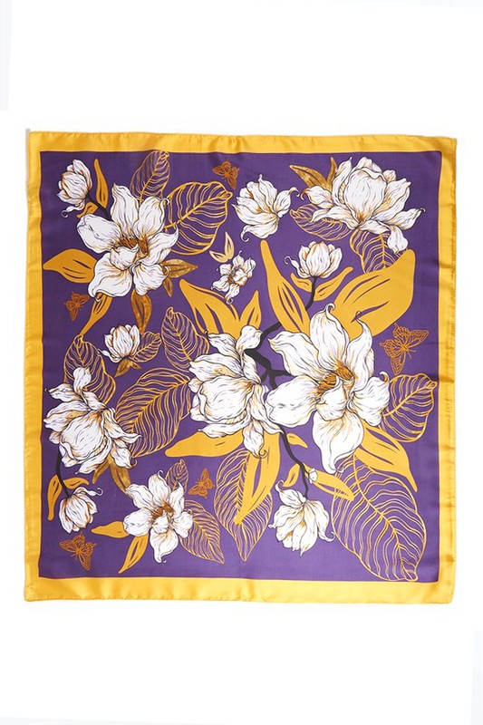 A vibrant flower printed silky square scarf, measuring 27.5 inches, showcasing colorful floral patterns on a soft polyester fabric.