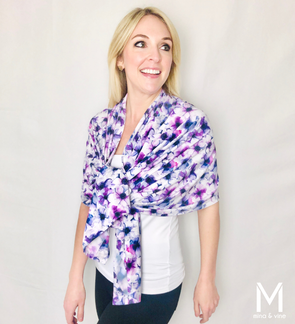 Freespirited Floral Multi-Way Smart Scarf featuring a vibrant floral print, designed for nursing and versatile use.