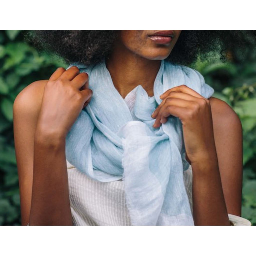 Handwoven Gauze Linen Two Tone Scarf with eyelash fringe, showcasing a white stripe, perfect for adding texture to outfits.