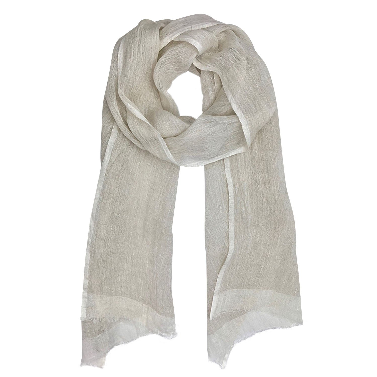 Handwoven Gauze Linen Two Tone Scarf with eyelash fringe, showcasing a white stripe, perfect for adding texture to outfits.