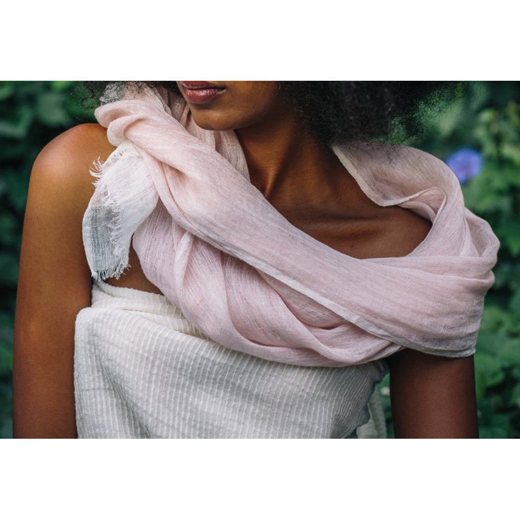 Handwoven Gauze Linen Two Tone Scarf with eyelash fringe, showcasing a white stripe, perfect for adding texture to outfits.