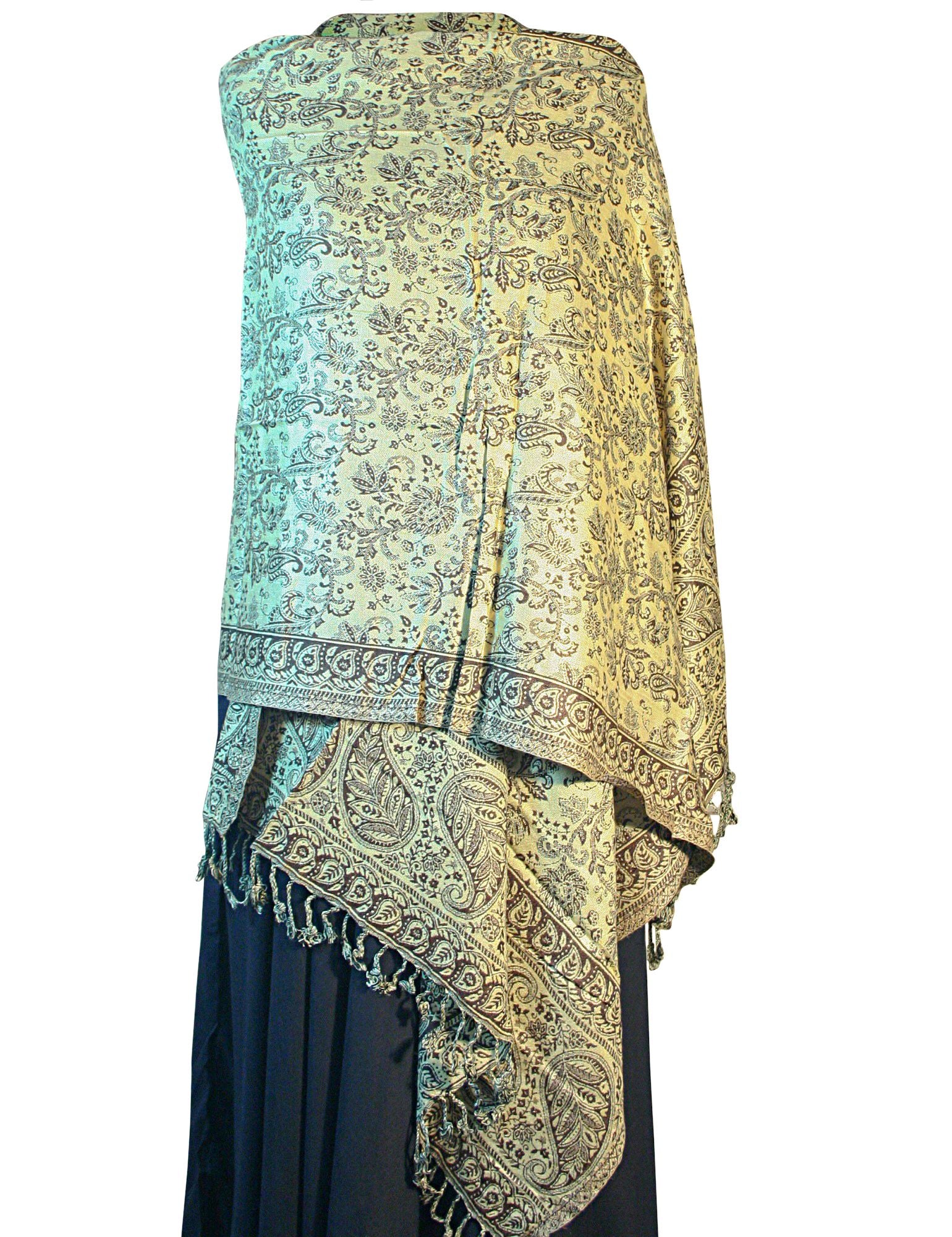 Gold Brown Sand Floral Leaf Pashmina with tassels, showcasing its reversible design and soft texture.