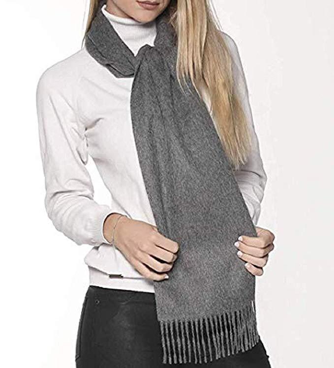 Luxurious medium grey scarf made from 100% baby alpaca wool, showcasing its soft texture and elegant design.