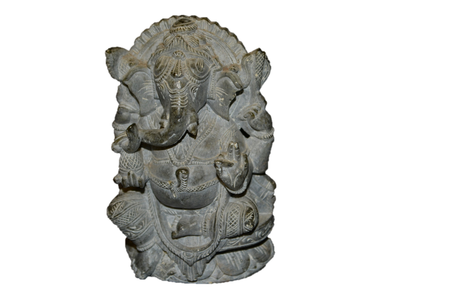 Handcarved soapstone sculpture of Ganesha, the elephant-headed Hindu god, showcasing intricate details and a serene expression.