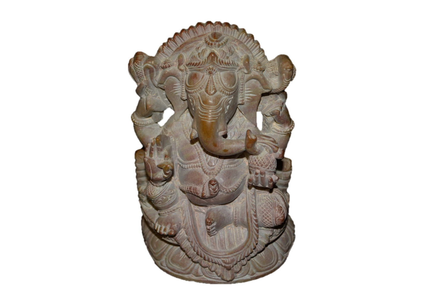 Handcarved soapstone sculpture of Ganesha, the elephant-headed Hindu god, showcasing intricate details and a serene expression.