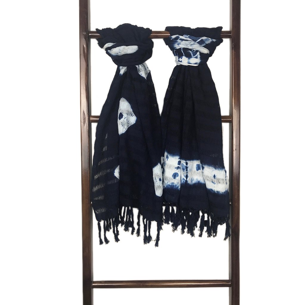 Indigo Eye Stripe Scarf made from 100% natural cotton, hand dyed with indigo, showcasing a deep blue hue and unique artisan craftsmanship.