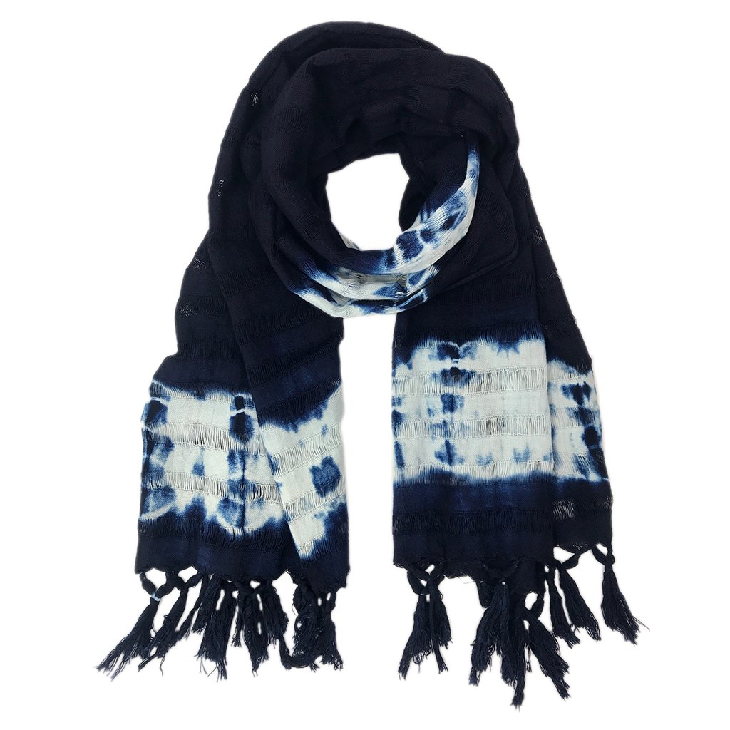 Indigo Stripe Scarf made from 100% natural cotton, hand dyed with indigo, showcasing its unique dark blue hue and oversized design.