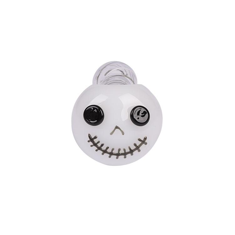 Jack Skellington glass hand pipe with intricate design, featuring a padded carrying case.