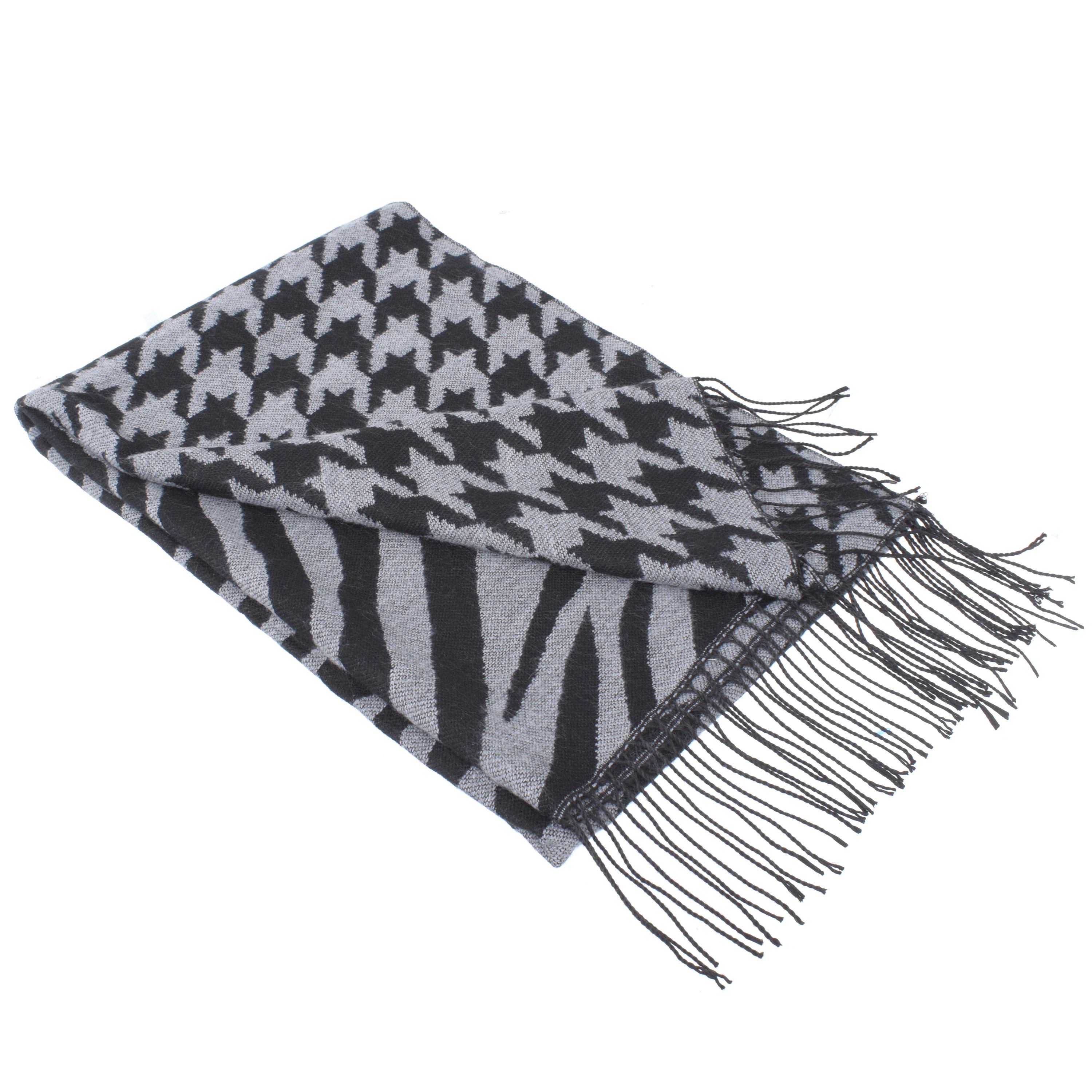 Large Houndstooth and Zebra Combo Scarf displayed elegantly, showcasing its oversized design and unique patterns.