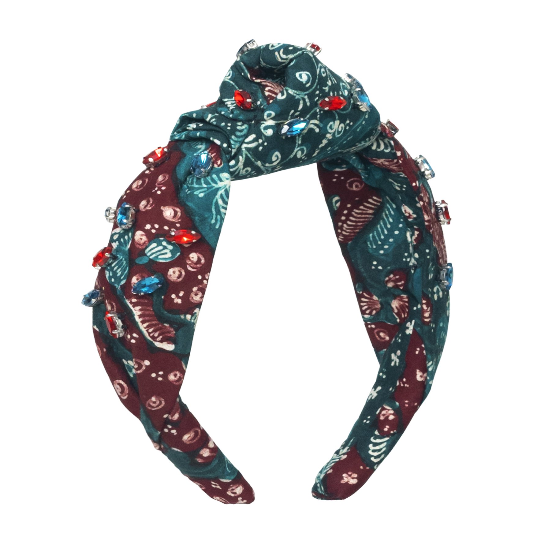 MERAK Peacock Headband featuring turquoise and red batik fabric with shimmering crystals, showcasing intricate designs.