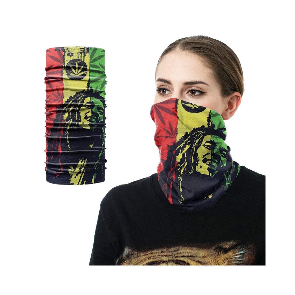 Bob Marley Neck Gaiter/Face Mask featuring vibrant colors and iconic design, made from soft and breathable material.