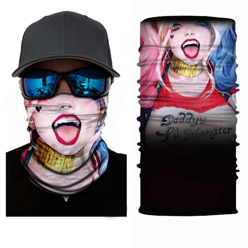 Harley Quinn themed neck gaiter and face mask, showcasing vibrant colors and a seamless design for versatile wear.