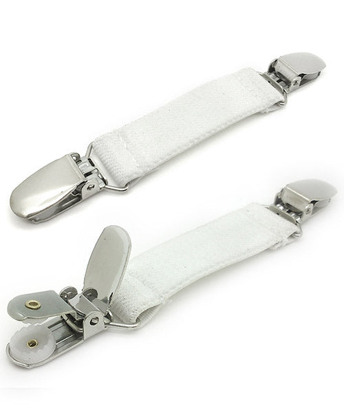 A pair of stylish mitten clips featuring weather-proof metal clips and stretchy elastic, designed to keep mittens securely attached to a coat.