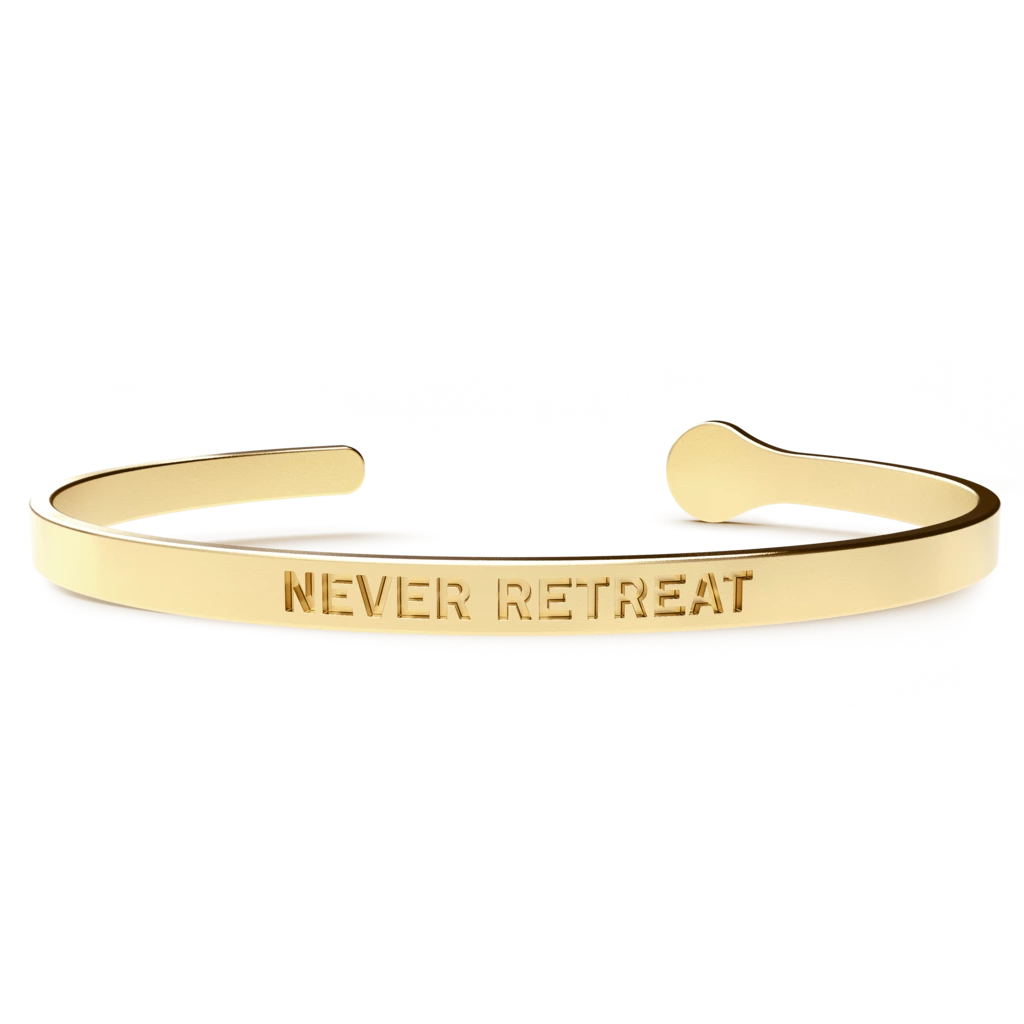 A stunning NEVER RETREAT bracelet made of hypoallergenic stainless steel with a luxurious 24k gold coating, designed to fit most wrist sizes.