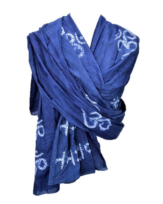 OM Namah Shivay Omkara Prayer Shawl in indigo blue with unique shibori design, featuring the sacred mantra and OM symbols.