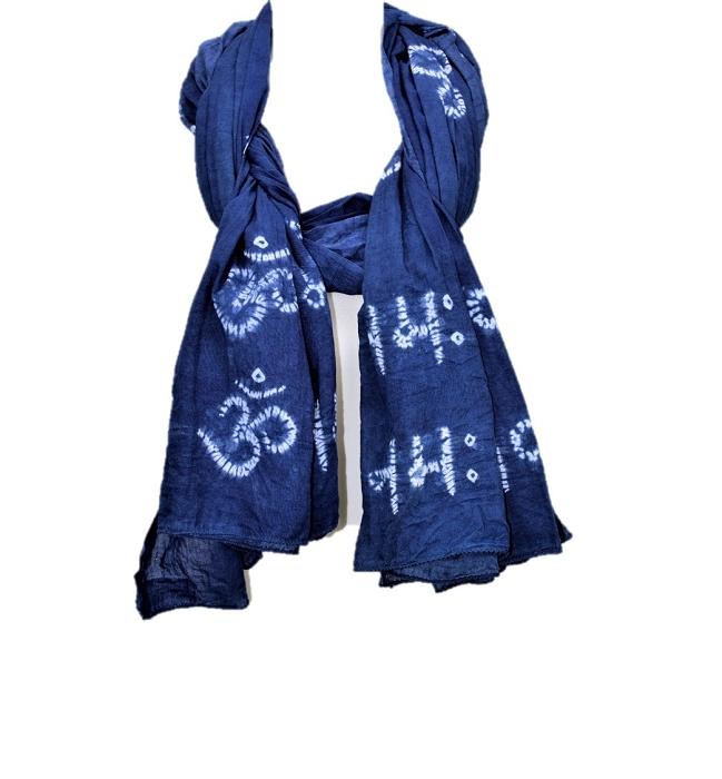 OM Namah Shivay Omkara Prayer Shawl in indigo blue with unique shibori design, featuring the sacred mantra and OM symbols.