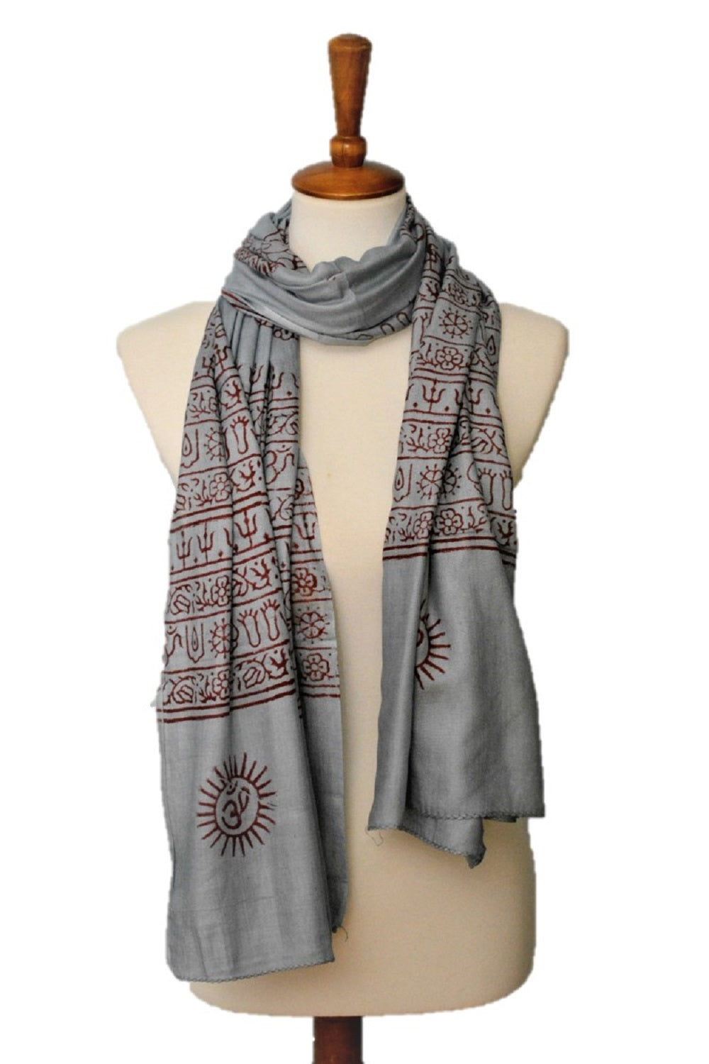 Large OM Yoga Meditation Mantra Prayer Shawl featuring sacred OM and Hindu symbols, made from soft viscose fabric.