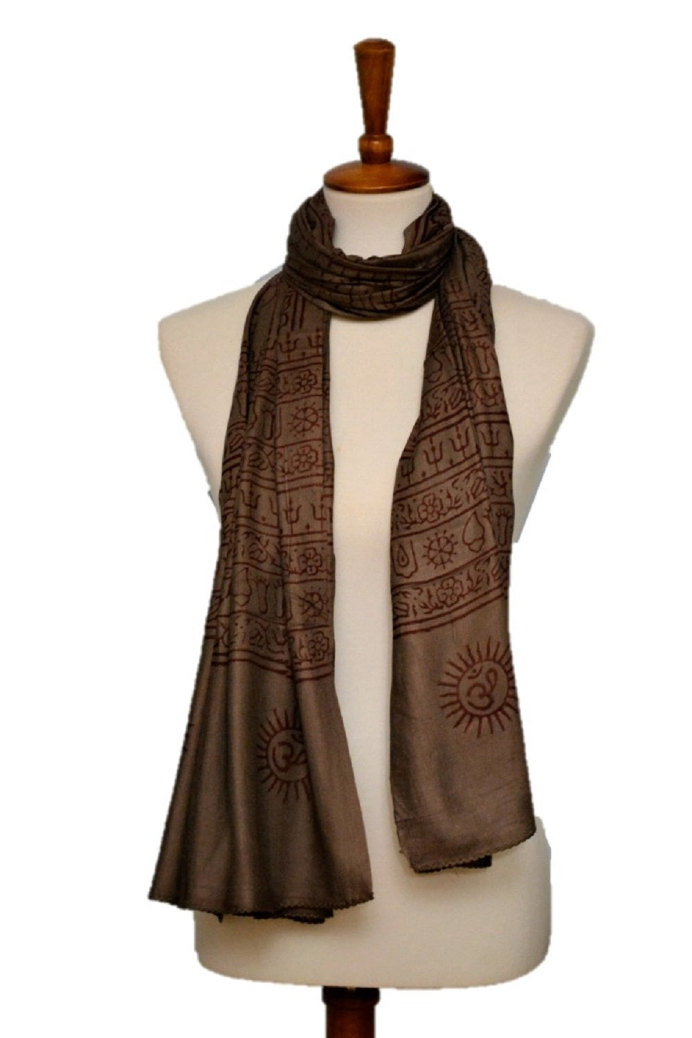 Large OM Yoga Meditation Mantra Prayer Shawl featuring sacred OM and Hindu symbols, made from soft viscose fabric.