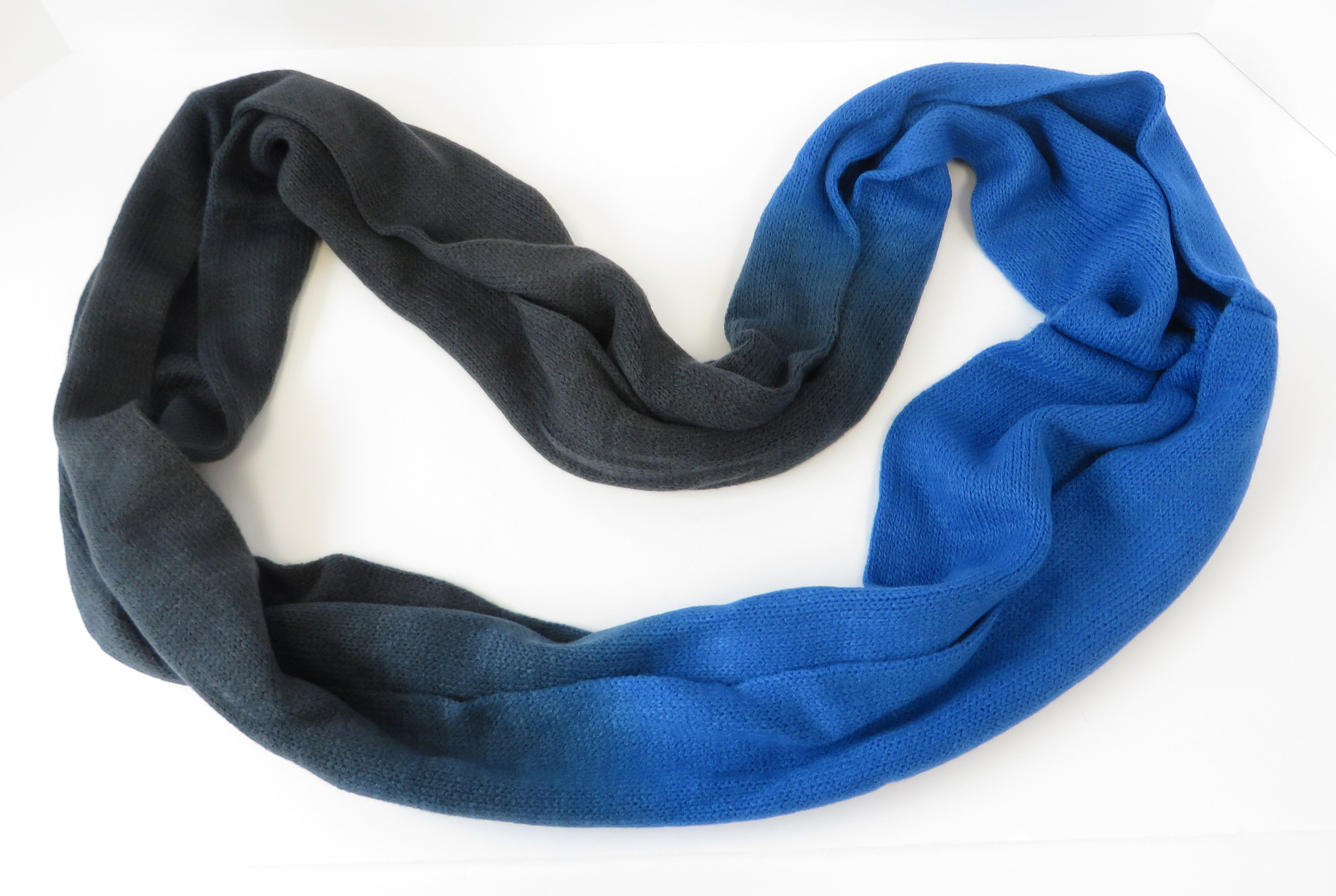 Ombre Loop Scarf in blue and grey, showcasing its soft texture and stylish design.