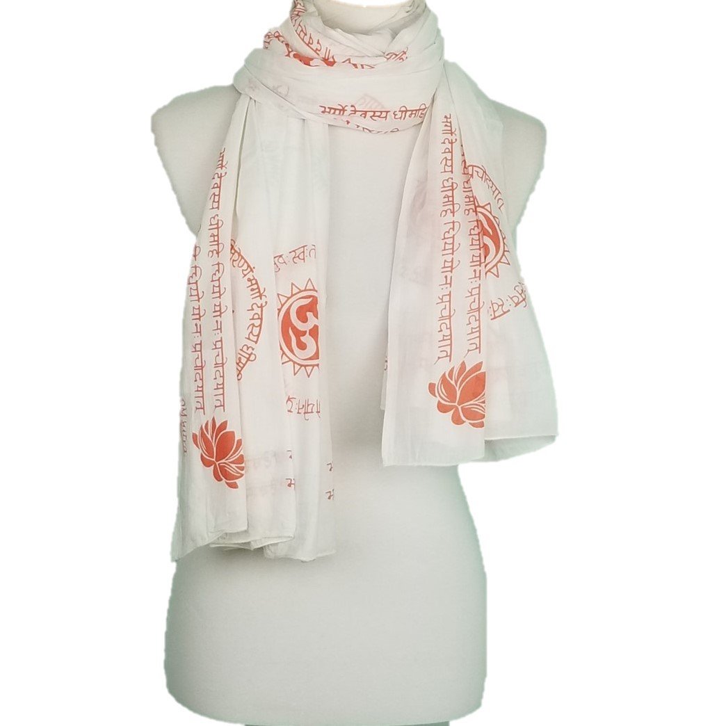 OMsutra Gayatri Mantra Prayer Shawl featuring handprinted Gayatri mantra and OM symbol in pastel colors, made from luxurious cotton fabric.