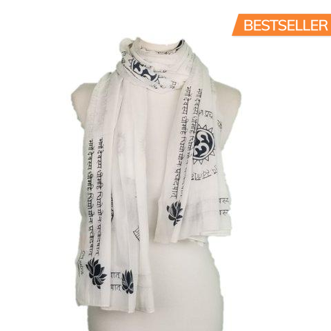 OMsutra Gayatri Mantra Prayer Shawl featuring handprinted Gayatri mantra and OM symbol in pastel colors, made from luxurious cotton fabric.