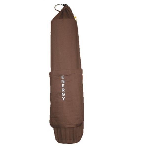 OMsutra Slogan Mat Bag featuring embroidered slogans like YOGI and LOVE, made from durable cotton fabric.