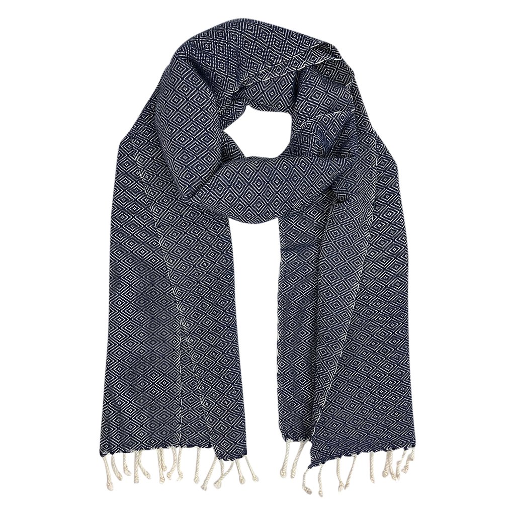 Organic Cotton Diamond Scarf with hand-knotted tassels in earthy tones, showcasing a classic diamond pattern.