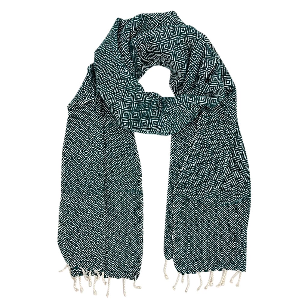 Organic Cotton Diamond Scarf with hand-knotted tassels in earthy tones, showcasing a classic diamond pattern.