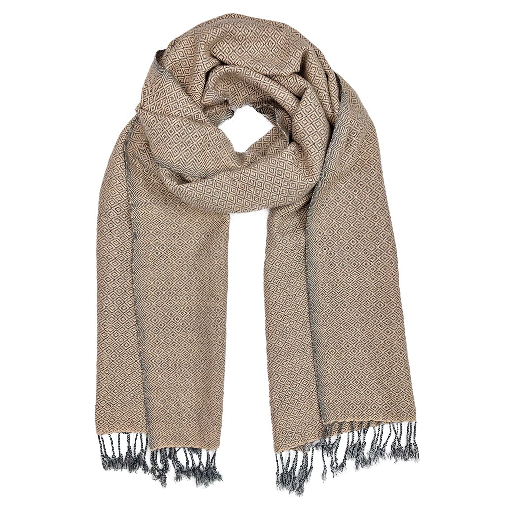 Organic Cotton Diamond Scarf with hand-knotted tassels in earthy tones, showcasing a classic diamond pattern.