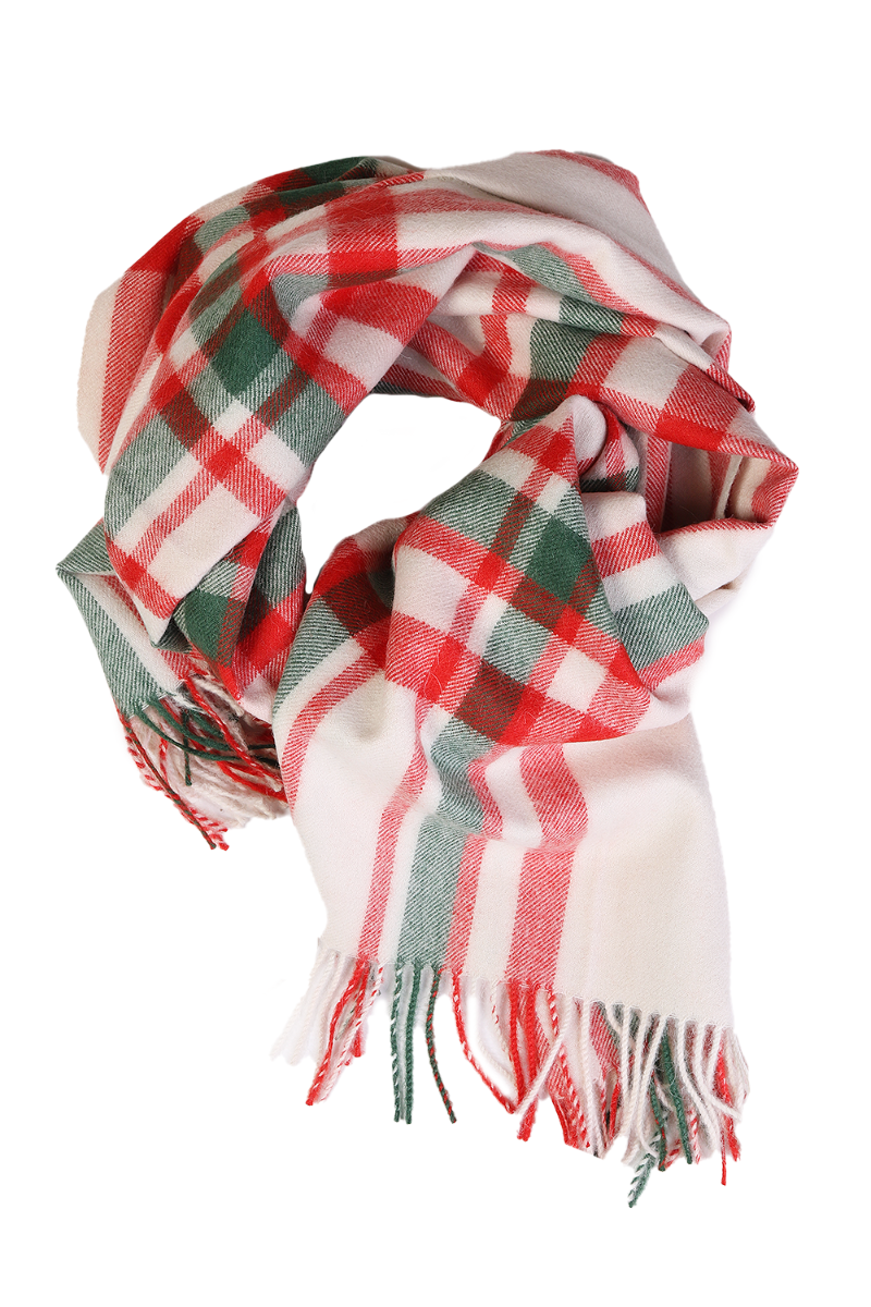 A large red-green checkered scarf made from 100% baby alpaca wool, draped elegantly on a neutral background.