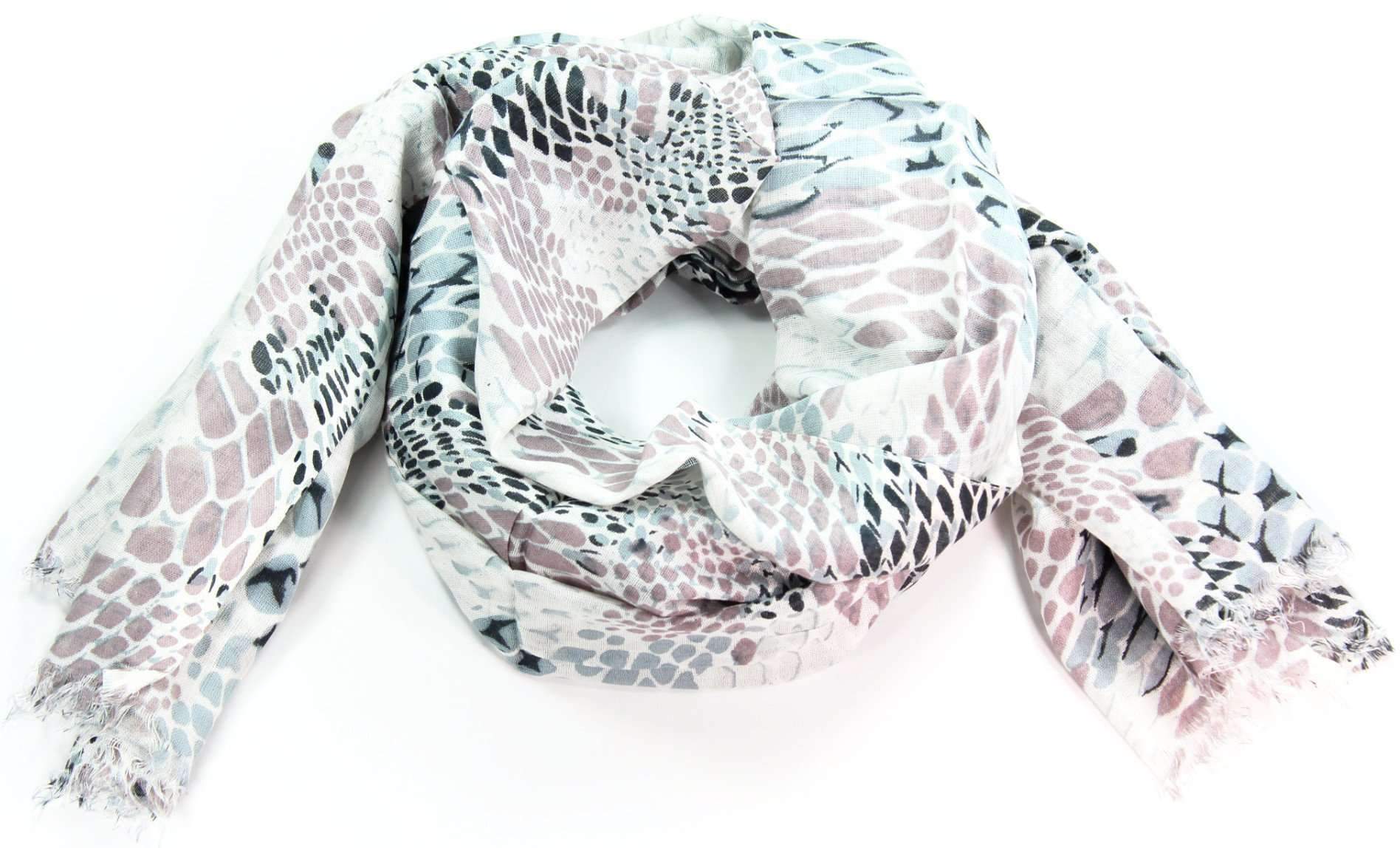 Chic snake skin print scarf in light colors, showcasing its unique design and soft fabric.