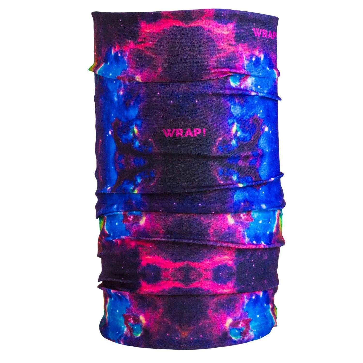 Supernova Wrap showcasing its vibrant cosmic design and multifunctional use as a bandana.