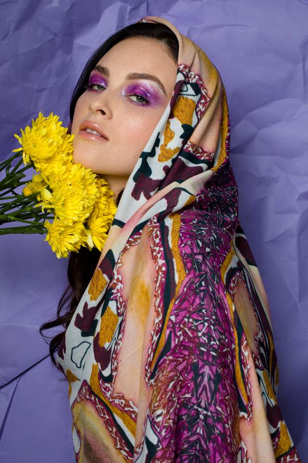 Sway Square Scarf featuring Anet Abnous's original painting in purple and yellow hues with fringe edges.