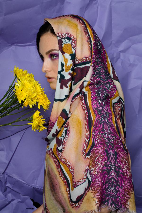 Sway Square Scarf featuring Anet Abnous's original painting in purple and yellow hues with fringe edges.