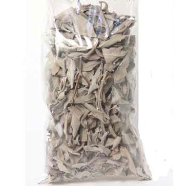 A 2.7oz bag of White Sage Smudge Loose Leaves, showcasing the natural, aromatic sage leaves inside a clear resealable package.