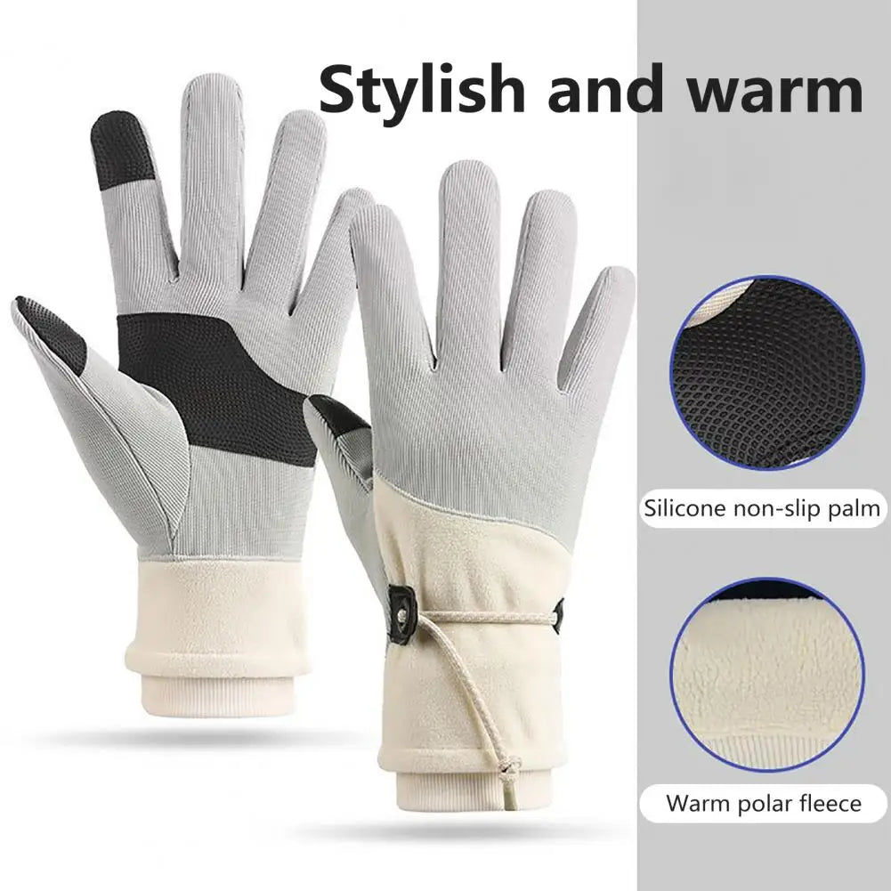 A pair of women's winter gloves, fleece lined and windproof, featuring touch screen compatible fingers and a non-slip palm for enhanced grip.