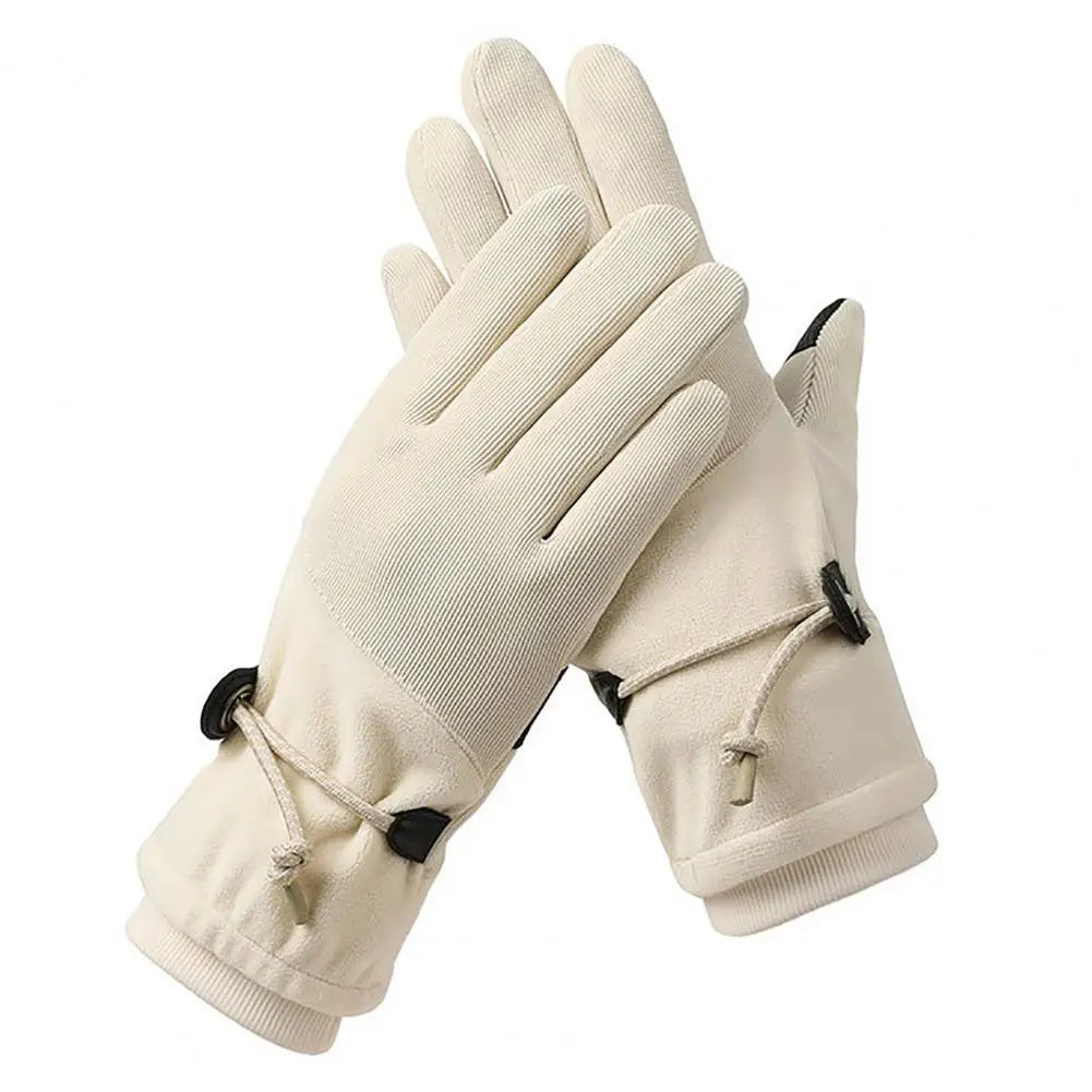 A pair of women's winter gloves, fleece lined and windproof, featuring touch screen compatible fingers and a non-slip palm for enhanced grip.