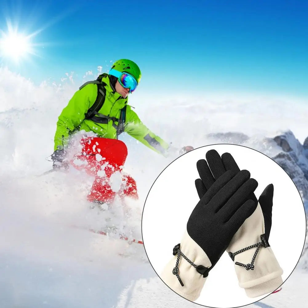 A pair of women's winter gloves, fleece lined and windproof, featuring touch screen compatible fingers and a non-slip palm for enhanced grip.