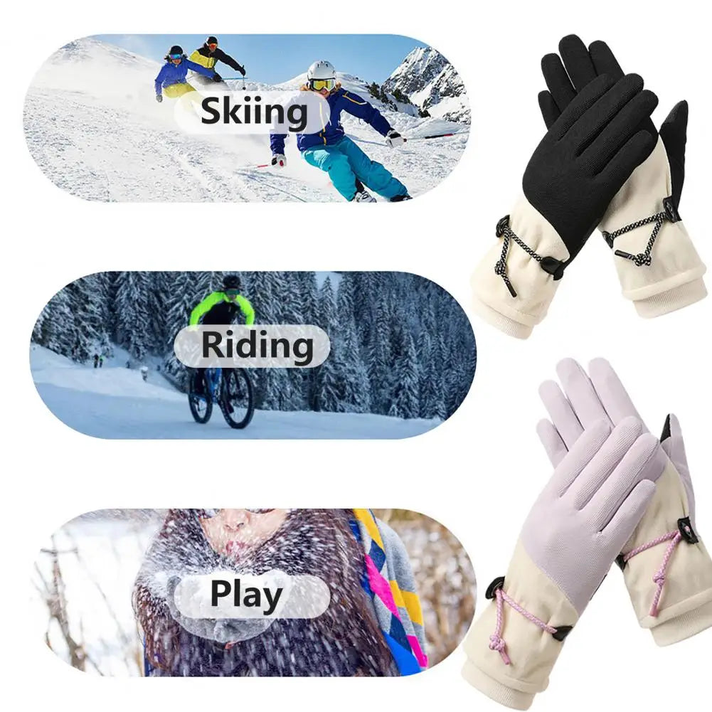 A pair of women's winter gloves, fleece lined and windproof, featuring touch screen compatible fingers and a non-slip palm for enhanced grip.