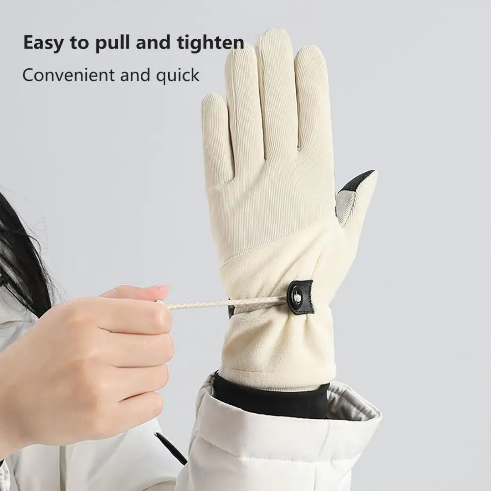 A pair of women's winter gloves, fleece lined and windproof, featuring touch screen compatible fingers and a non-slip palm for enhanced grip.