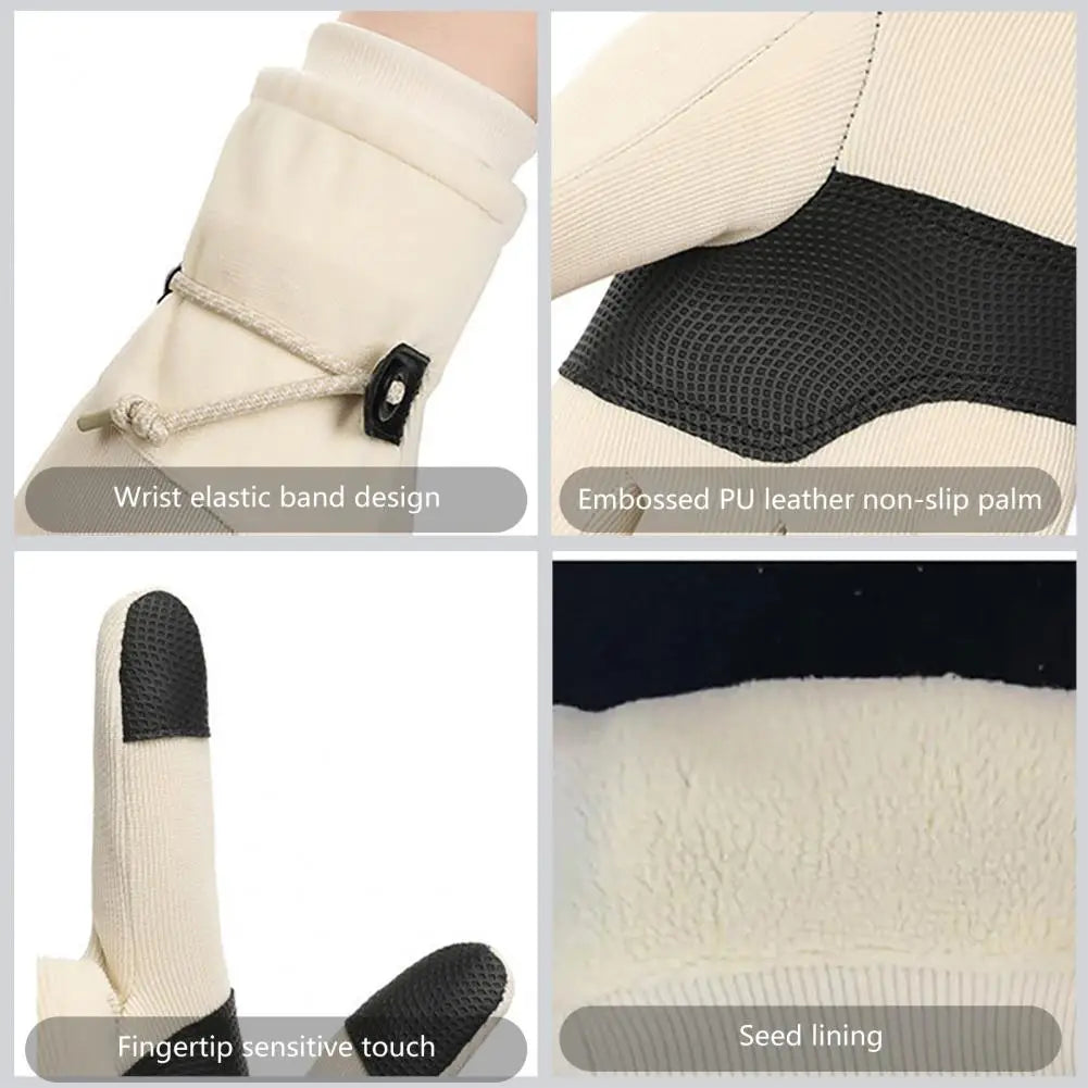 A pair of women's winter gloves, fleece lined and windproof, featuring touch screen compatible fingers and a non-slip palm for enhanced grip.