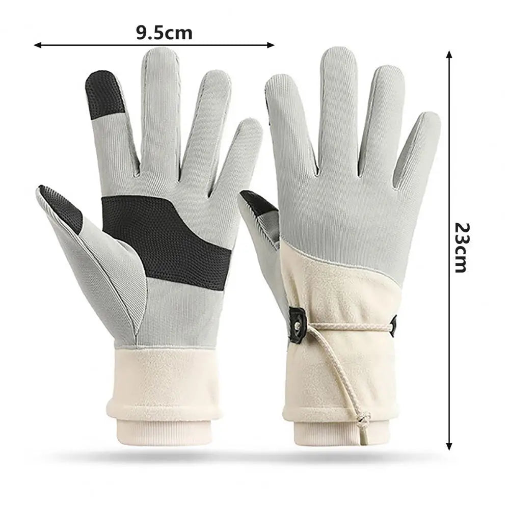 A pair of women's winter gloves, fleece lined and windproof, featuring touch screen compatible fingers and a non-slip palm for enhanced grip.