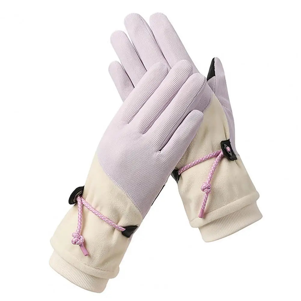 A pair of women's winter gloves, fleece lined and windproof, featuring touch screen compatible fingers and a non-slip palm for enhanced grip.